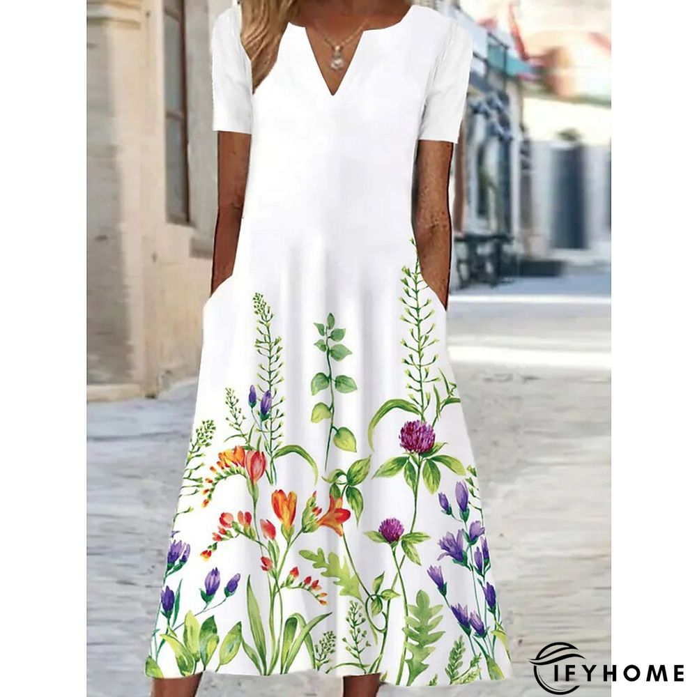 Women's Casual Dress Shift Dress Swing Dress Floral Butterfly Pocket Print V Neck Midi Dress Active Fashion Outdoor Vacation Short Sleeve Regular Fit White Blue Green Spring Summer S M L XL XXL | IFYHOME