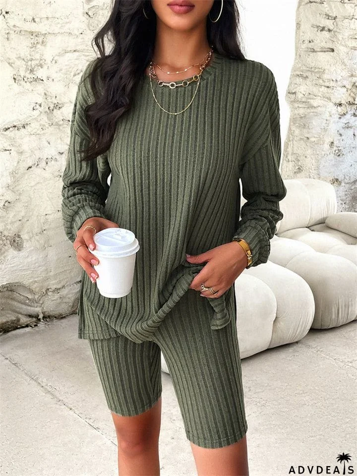 Female Pure Color Leisure Knitted Sweater + Shorts Two-piece Set