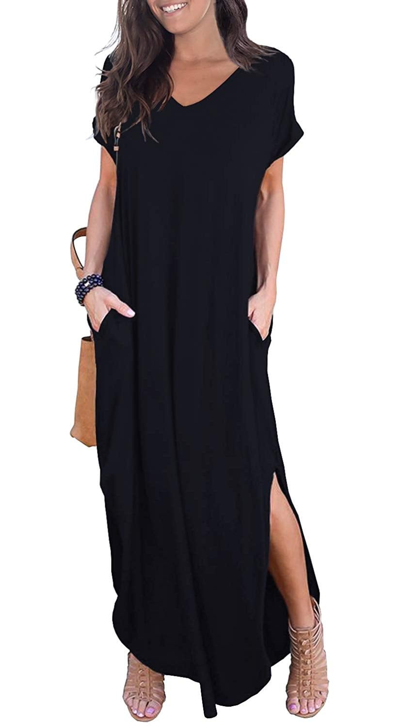 Women's Short Sleeve Split Maxi Dresses Casual Loose Pocket Long Dress