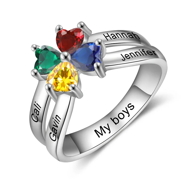 Personalized Ring With 4 Birthstones Engraved Names Ring Best Gift For Women