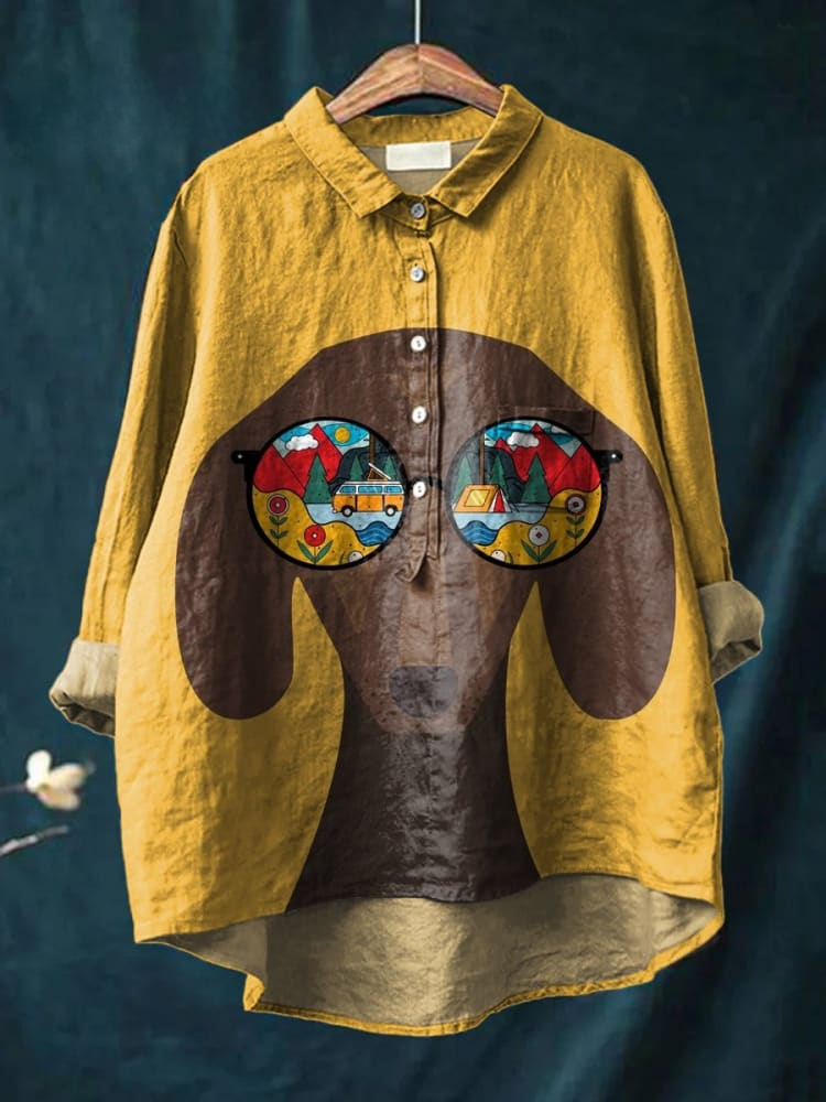 Women's Fun Puppy With Sunglasses Print Casual Cotton And Linen Shirt