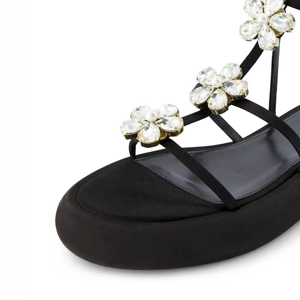 Black Round Toe Rhinestone Pearl Platform Ankle Strap Sandals