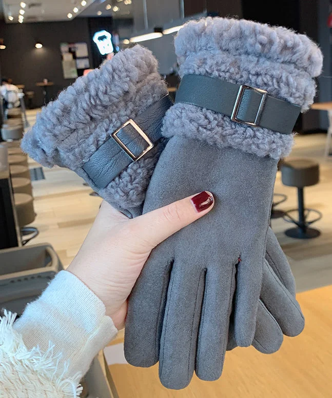Stylish Winter Grey Warm Fleece Outdoor Suede Gloves