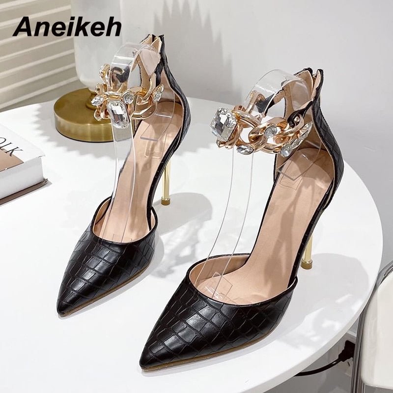 Aneikeh NEW Spring Fashion PU/PVC Women Pumps 2022 Sexy Crystal Pointed Toe Checkered Thin Heels ZIP Ladies Shoes Party Wedding