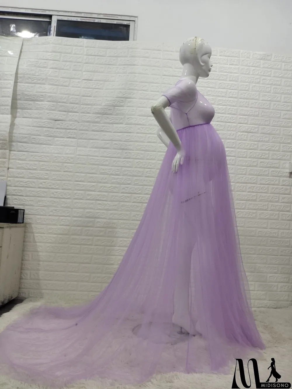 MidiSono - Women Summer Purple Sweet V-neck Short Sleeves Solid Lace Maternity Dress