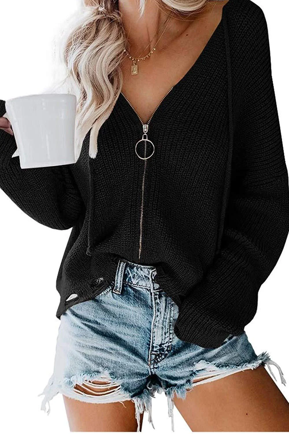 Wongn Wongn New Ladies Cardigan Hoodie Hoodie Zipper Broken Hole Irregular Loose Sweater Women's Wear