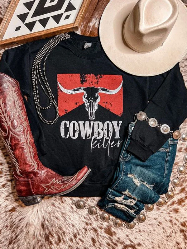 Cotton pullover printed western cowboy ladies sweatshirt