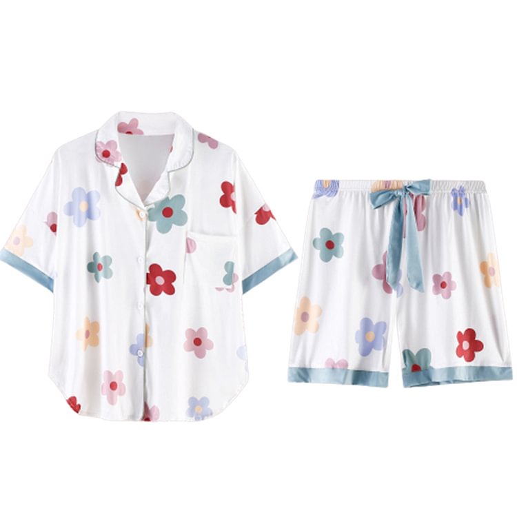 Blossom Print Pocket Casual Pajamas Set - Modakawa modakawa