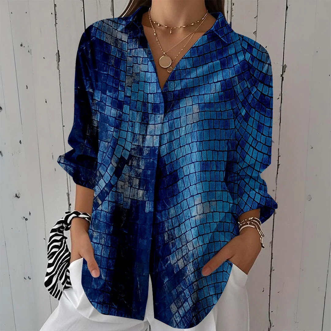 Style & Comfort for Mature Women Women Textured, Blue DZCL0489 3/4 Sleeve Shirt Collar Printed Button Tops