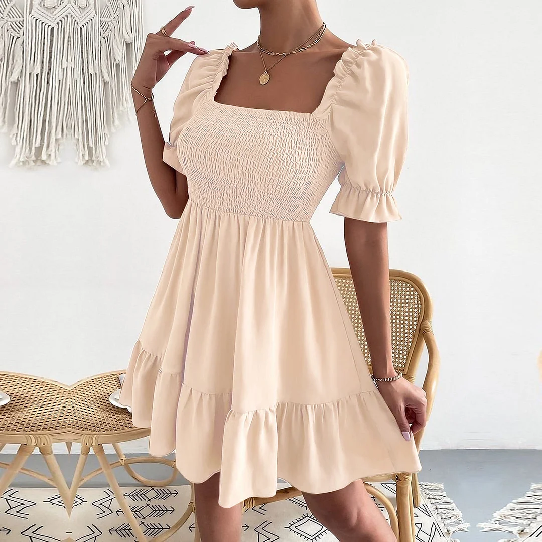 Huiketi Spring Summer 2023 Popular Square Neck Ruffled Short Sleeve High Waist Tight Commuter Dress Women