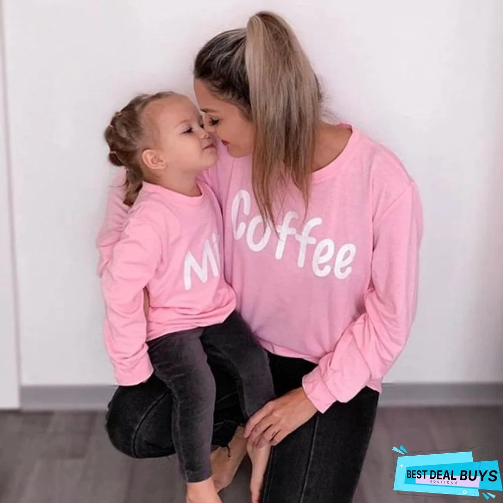 Mommy and Me High Collar Letter Pink Long Sleeve Matching Tops