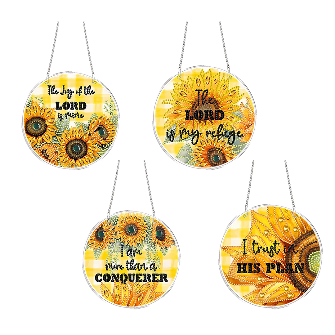 4pcs Sunflower Text DIY 2D Flat Acrylic Diamond Painting Kit Diamond Art Pendant