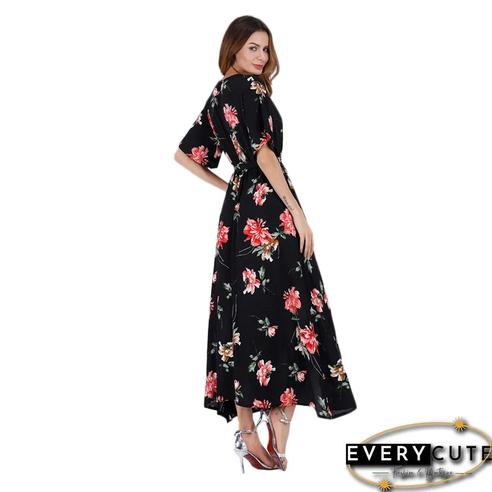 Rosy Short Sleeve Foral Chiffon Boho Dress