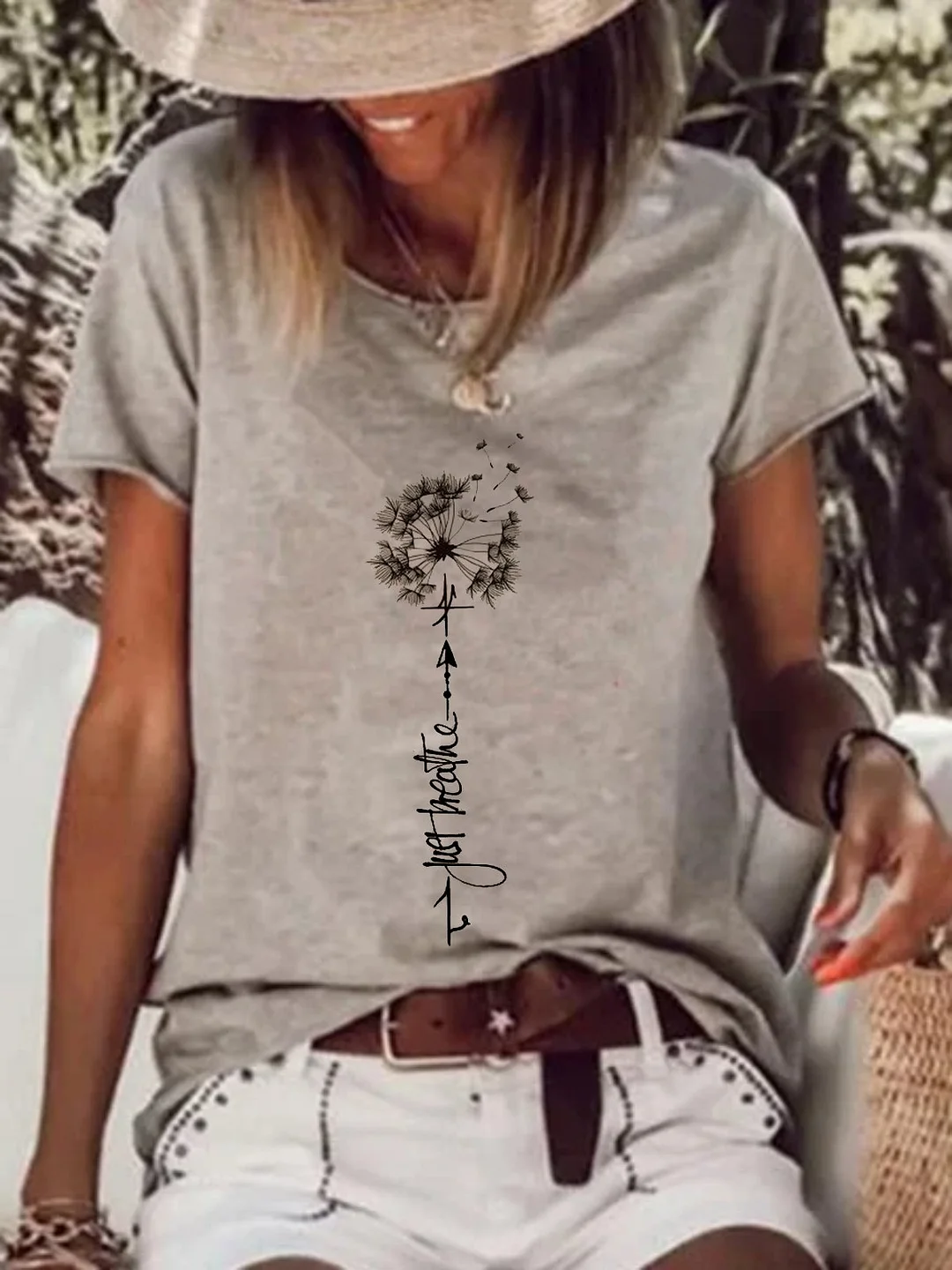 Casual Dandelion Short Sleeve Round Neck Plus Size Printed Tops T-shirts