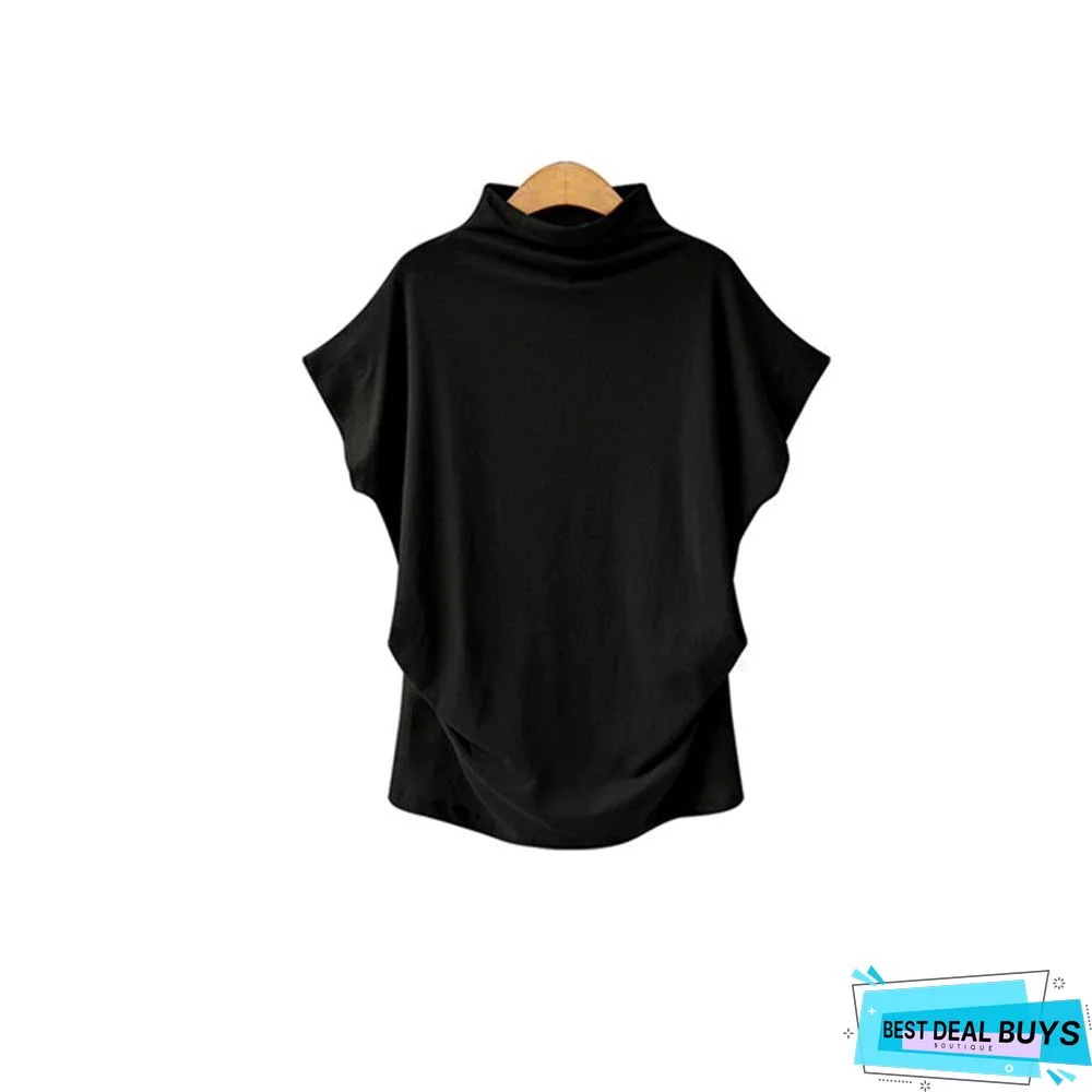 Women Casual Short Batwing Sleeve Loose Tops Solid Black Gray Turtleneck Tee T-Shirts