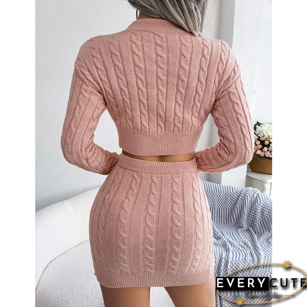 Pink Cable Knit Crop Sweater and Skirt Set