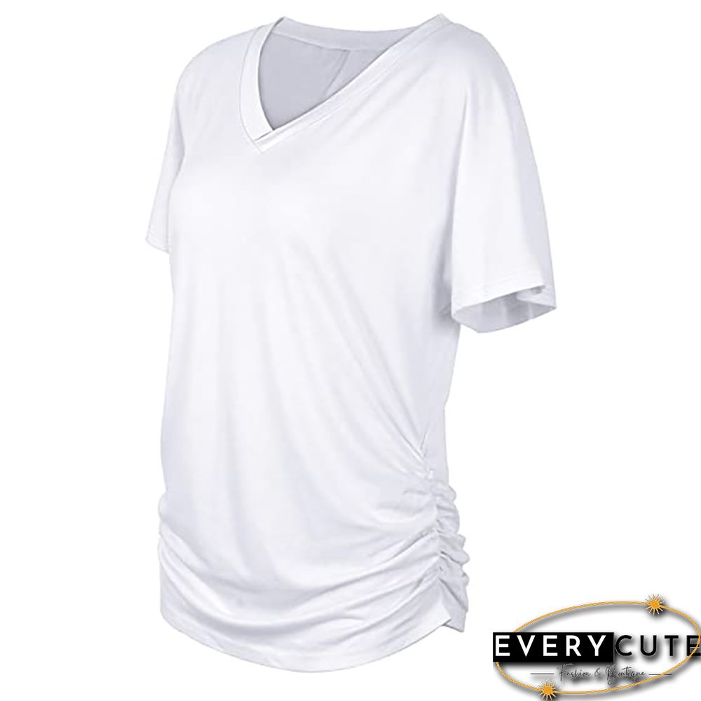 White Cotton Blend V Neck Short Sleeve Tees