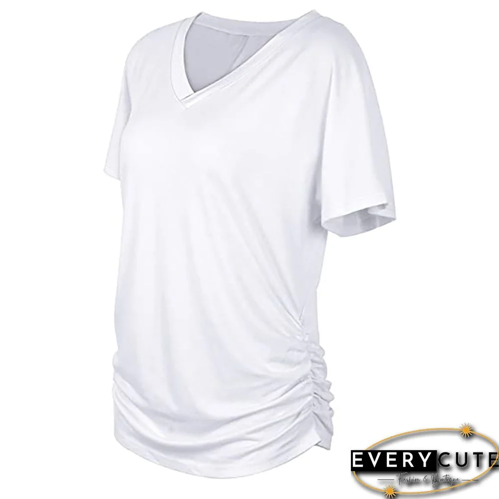 White Cotton Blend V Neck Short Sleeve Tees