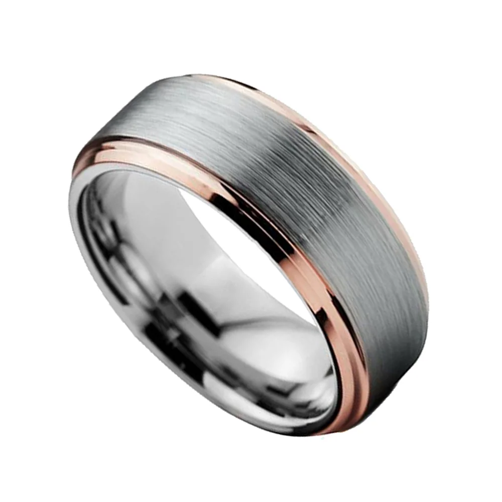 6MM 8MM Men Tungsten Rings Center Brushed Beveled Edge Rose Gold Plated Comfort Fit