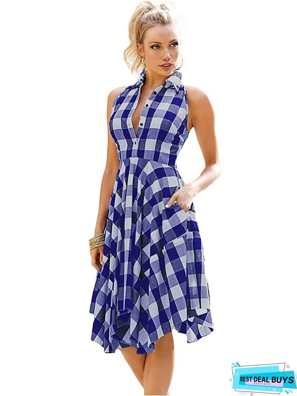 Women Black White Plaid Checks Dress Sleeveless Irregular Pleated Shirt Dress S