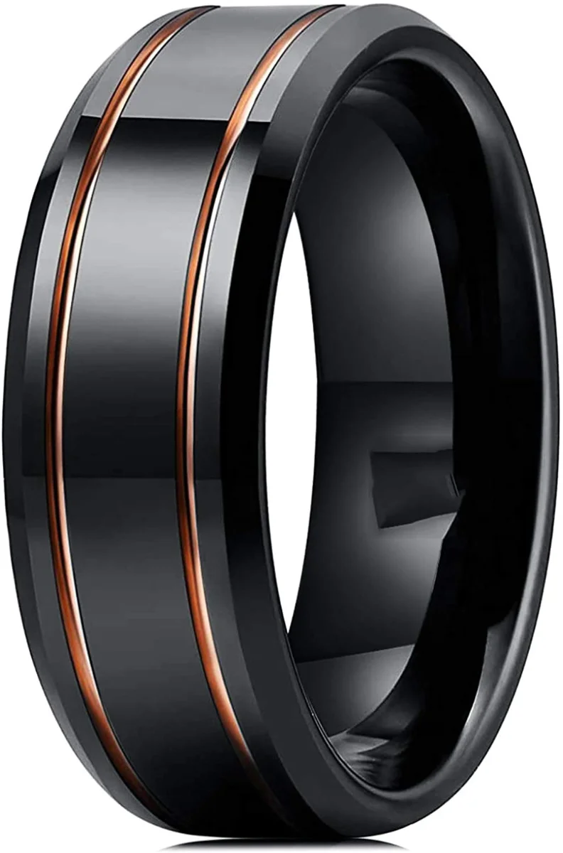 8MM Women's Or Men's Black Tungsten Carbide Rings Polished Beveled Edge Rose Gold Grooves Wedding Bands Engagement Ring Custom