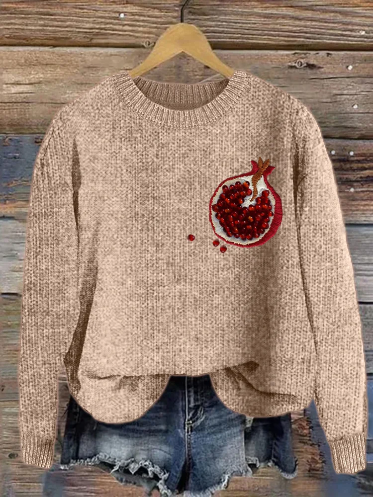 VChics Pomegranate Beaded Embroidery Art Cozy Knit Sweater