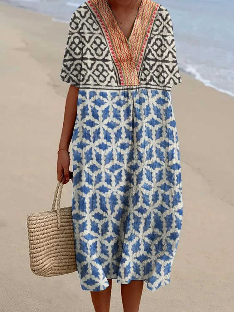 Indigo Ethnic Geometric Natural Block Print Flowy Linen Dress