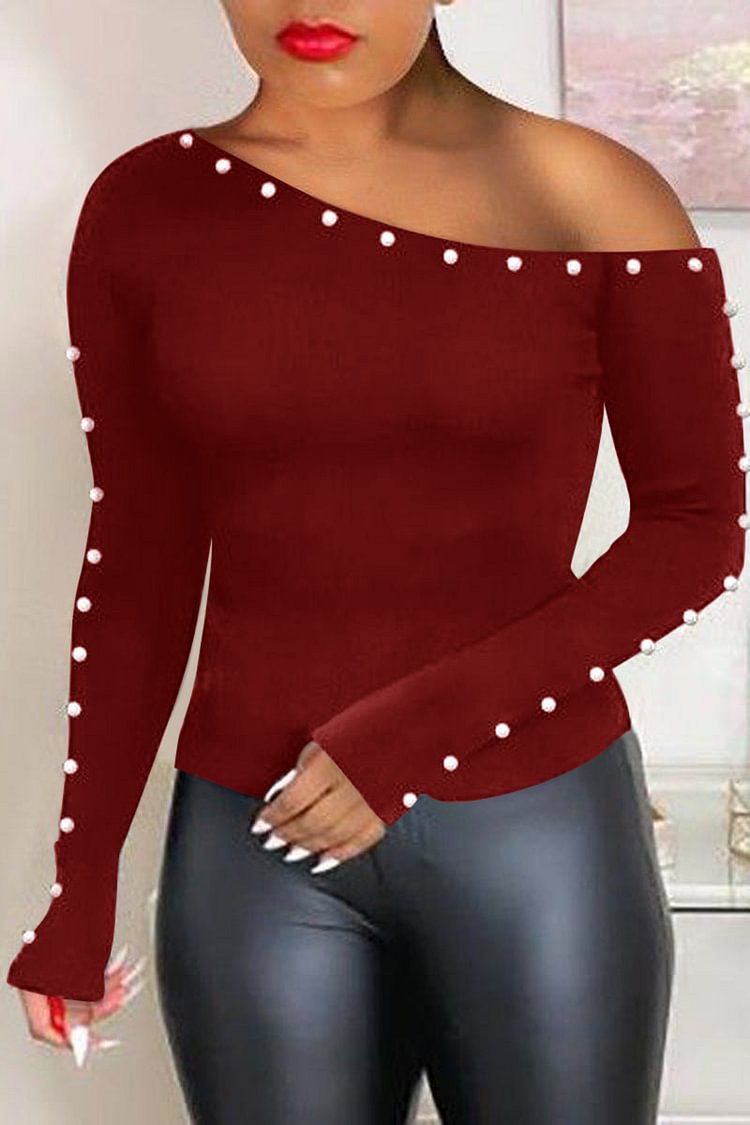 Xpluswear Plus Size Black Casual One Shoulder Pearl Decoration Long Sleeve Blouse