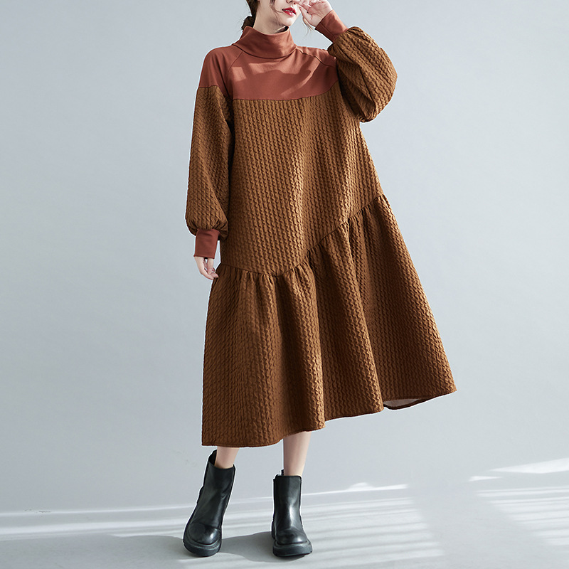 Stand-Up Collar Stitching Pocket A-Line Midi Dress
