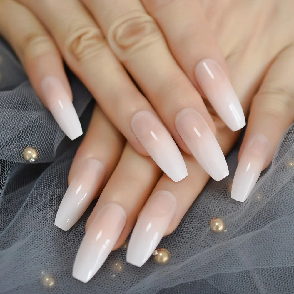Square False Nails Nude Ombre Gradient French Tips Predesigned Press On Nails White Extra Long Natural Fingernails NOV-Nail Inspo