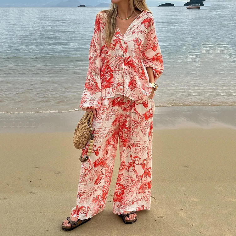 Utbros Women's Floral Print Long Sleeve Pants Two Piece Set