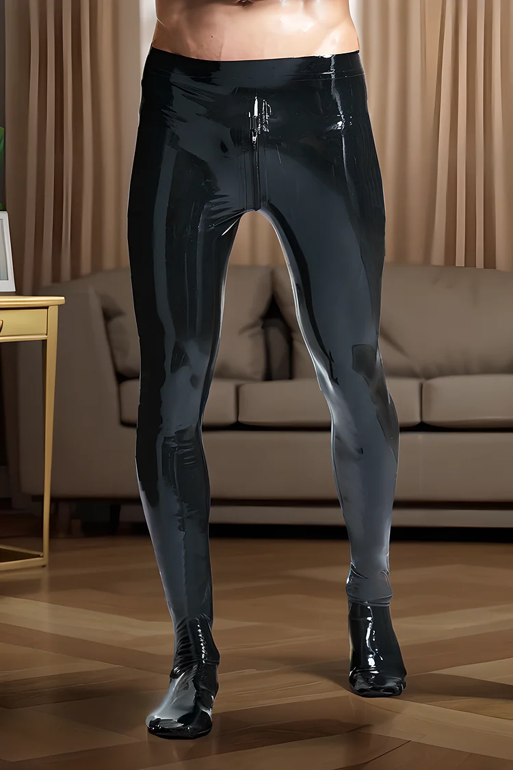 Men's Latex Leggings Male Through-Zip Black Leggings With Feet Black Classic Pants