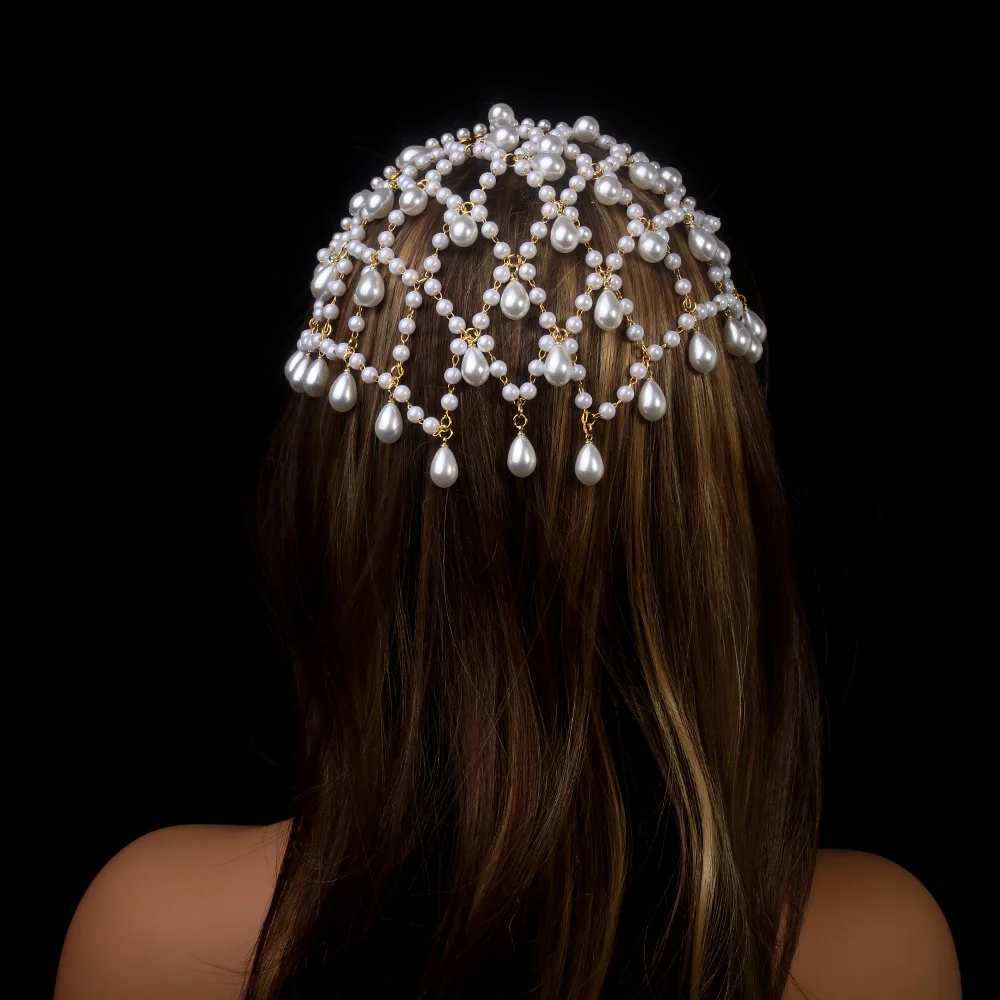 Vintage Bohemian Grid Pearl Headband Chain Hat Bridal Jewelry Tiara Headwear