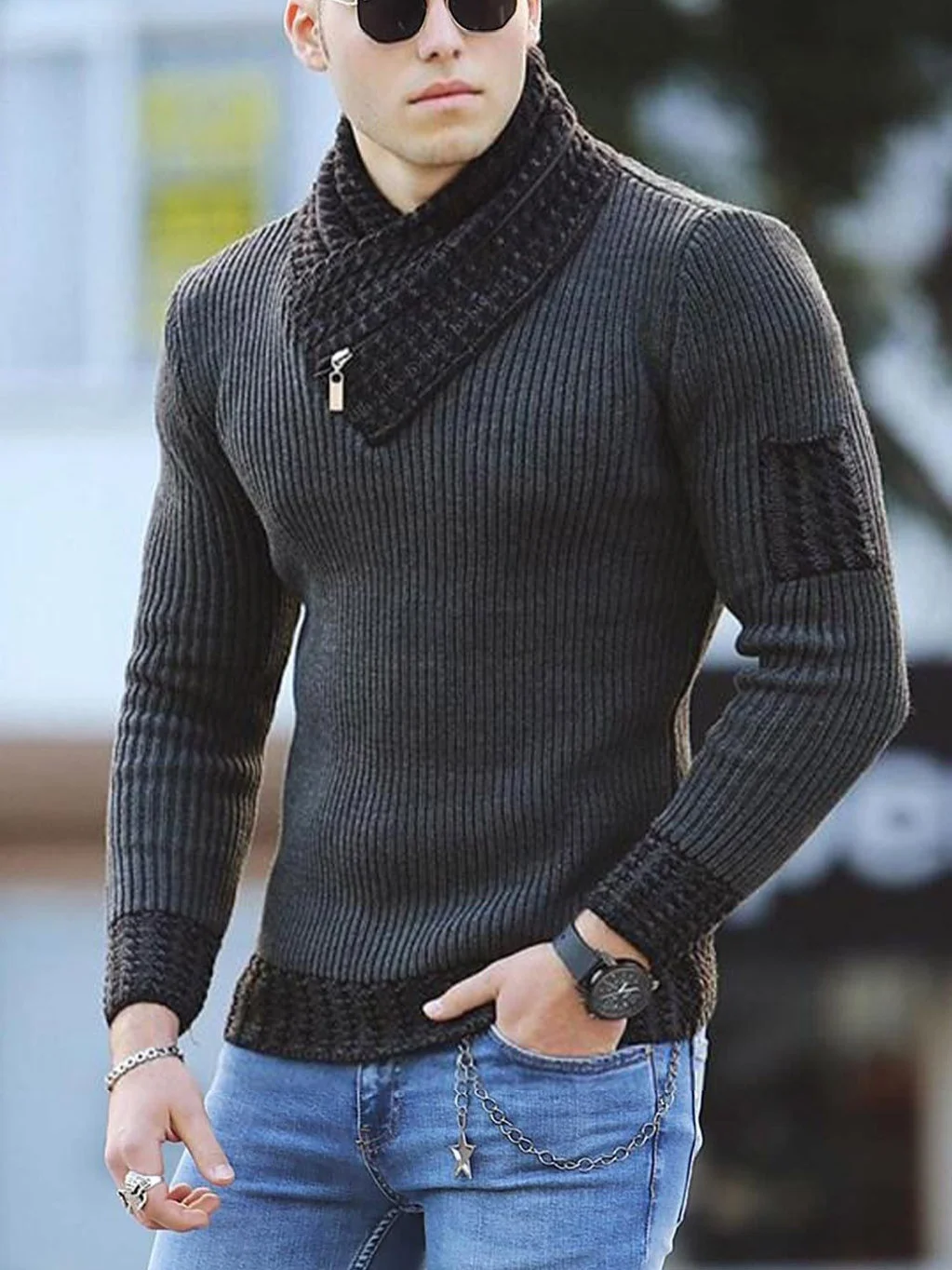 Wongn Wongn Men's Casual Slim Knit Jumper Long Sleeve Scarf Neck Sweater Men's Wear