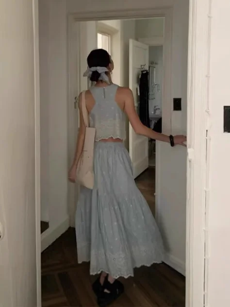 Nigikala Nigikala Style French Blue Holiday Vest Sleeveless Dress High-End Vest Half Dress Two Sets