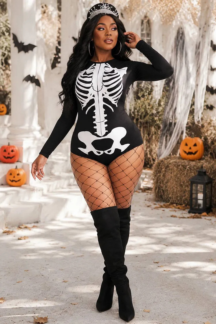 Xpluswear Design Plus Size Halloween Costume Black Skeleton Print Long Sleeve Knitted Bodysuit（Ships 24h） 2024 - Xpluswear