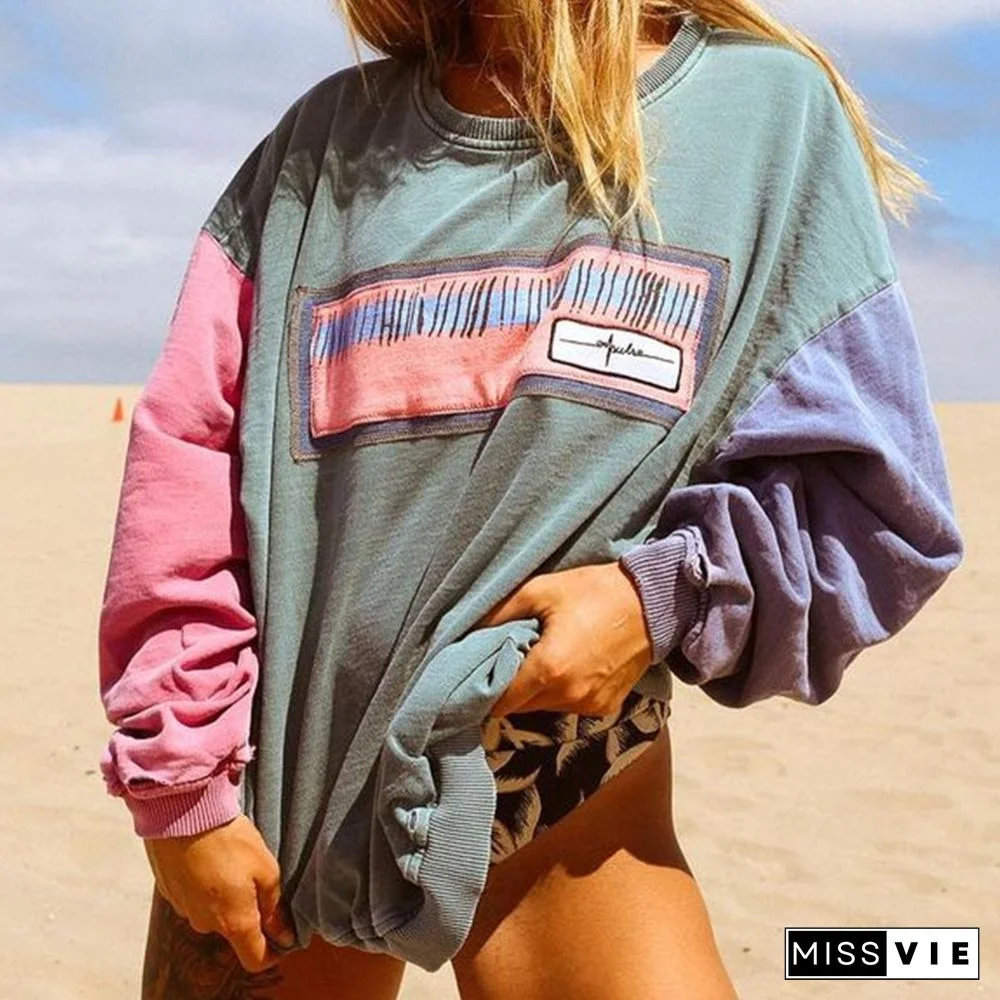 Retro Woman Color Stitching Round Neck Sweater