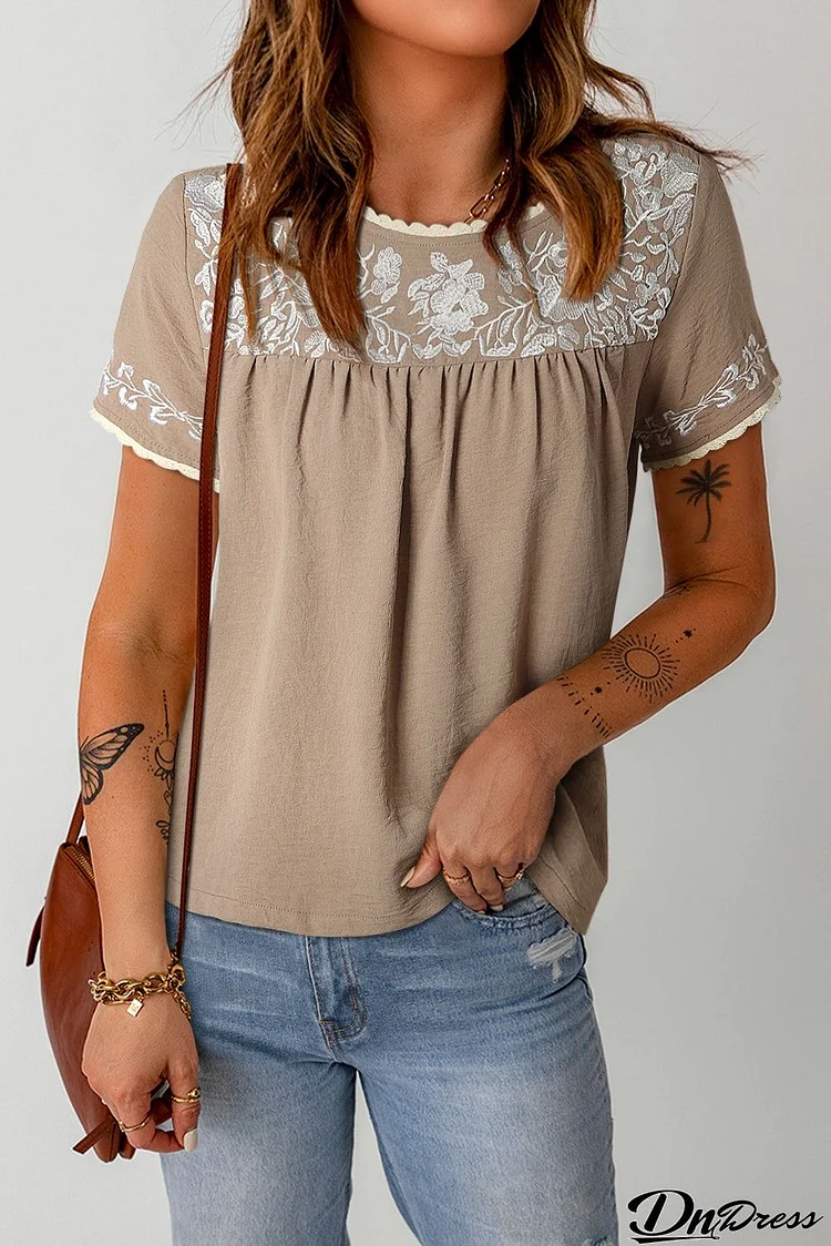 Embroidered Round Neck Short Sleeve Blouse