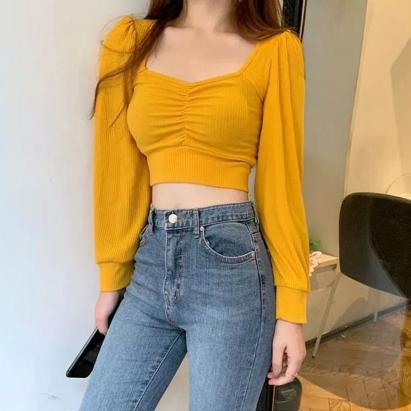 Knitted Cropped T Shirt  Vintage Top Women Puff sleeve Basic Tshirt Skinny Sexy Korean Fashion Clothes 2021