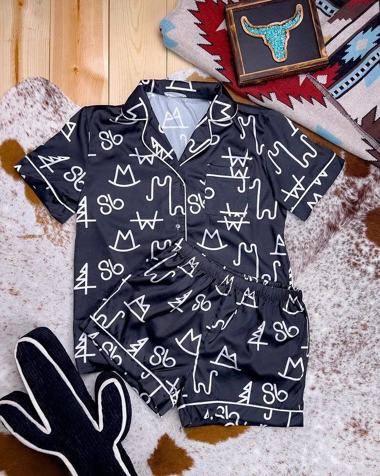 Western Casual Black Silk Short Sleeves Pajama Set