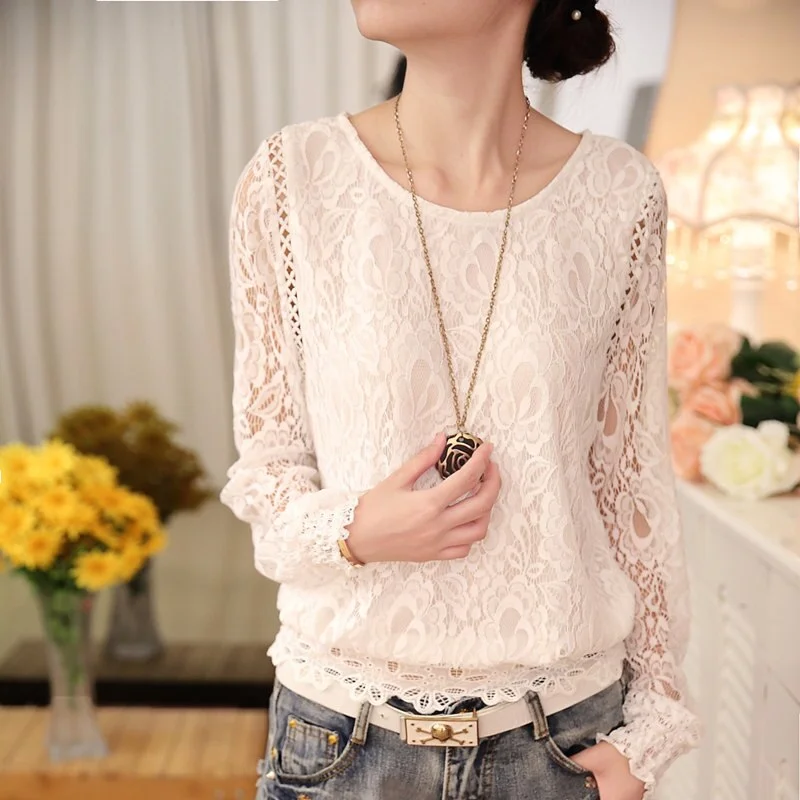 Spring Autumn New Ladies White Blusas Women's Long Sleeve Chiffon Lace Crochet Tops Blouses Women Clothing Feminine Blouse 51C