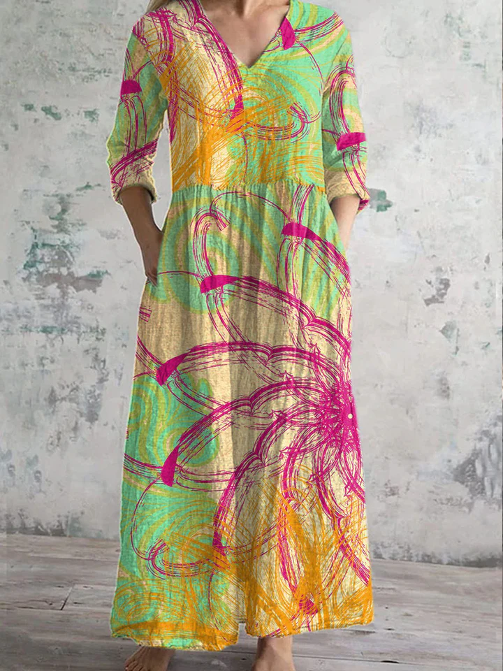 Womens Artistic Watercolor Brushstroke Floral Pattern Cotton And Linen Dress
