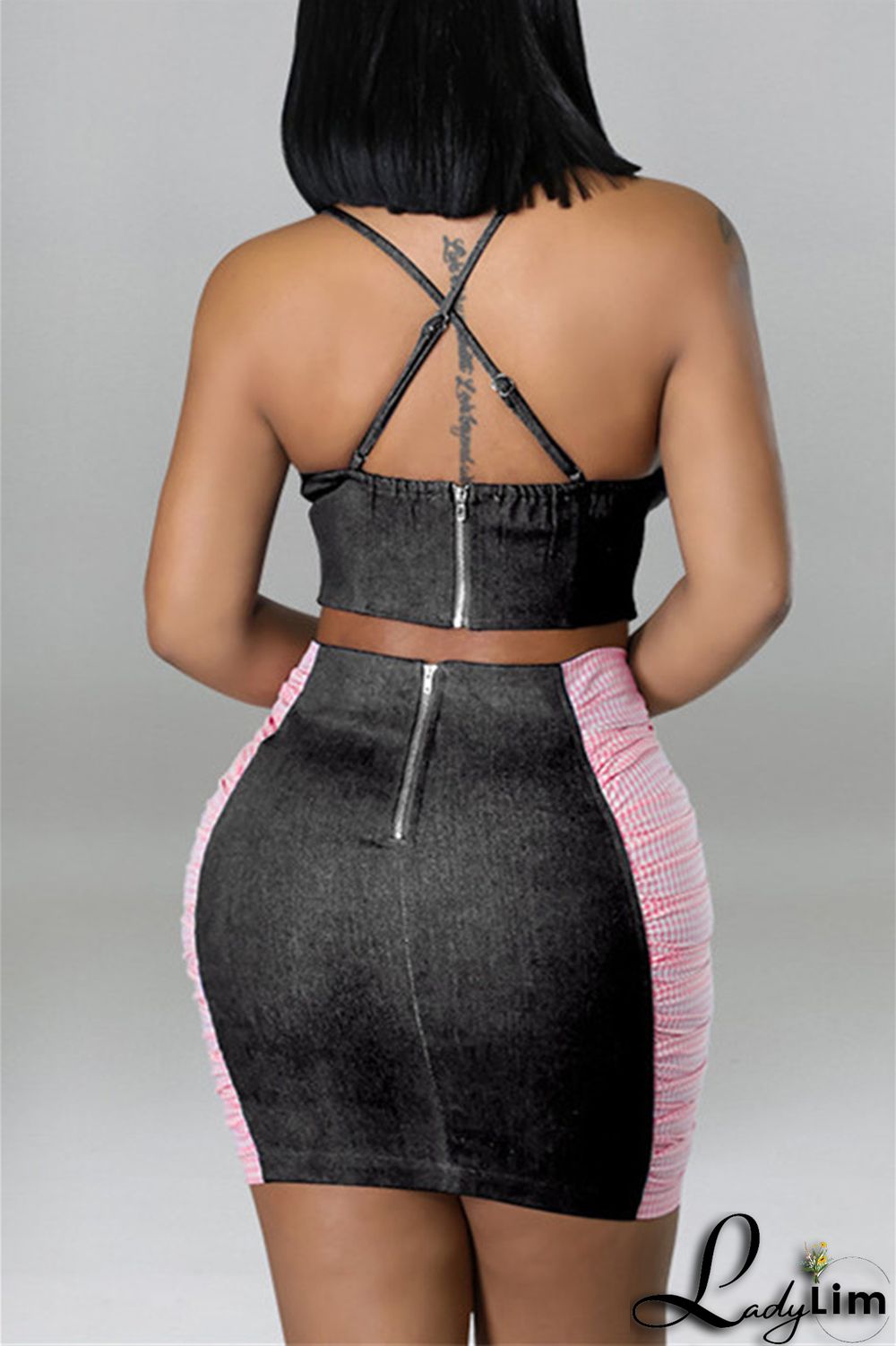 Black Fashion Sexy Plaid Patchwork Backless Asymmetrical Spaghetti Strap Sleeveless Two Pieces