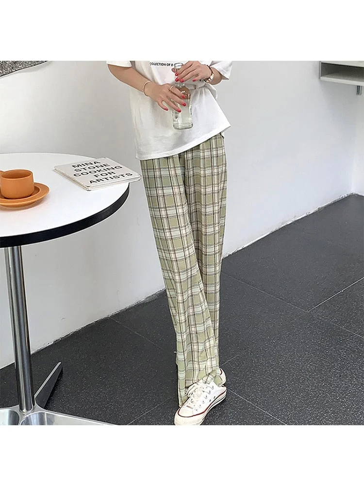 2022 New Harajuku Plaid Long Pants Loose Casual Women Thin Baggy Trousers Streetwear Wide Leg Summer Fashion Slacks E-girl Y2k