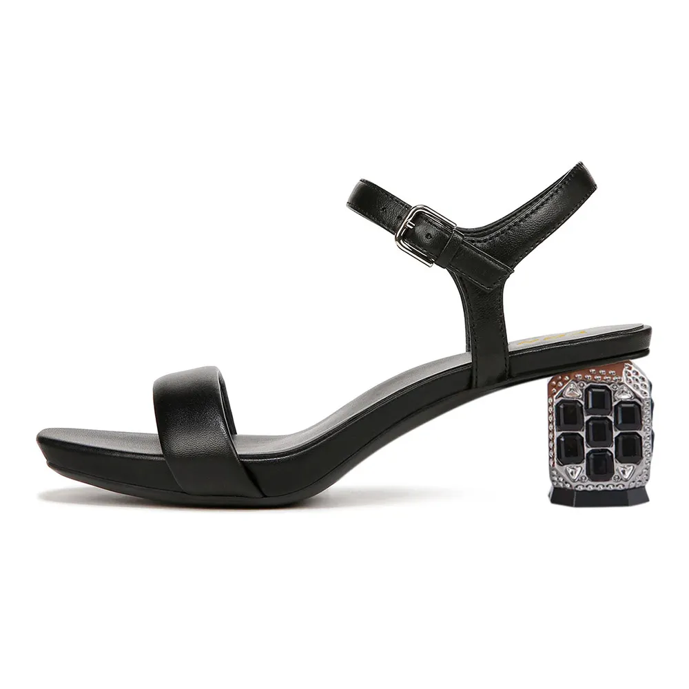 Vegan Leather Ankle Strap Rhinestone Decor Black Heels Sandals