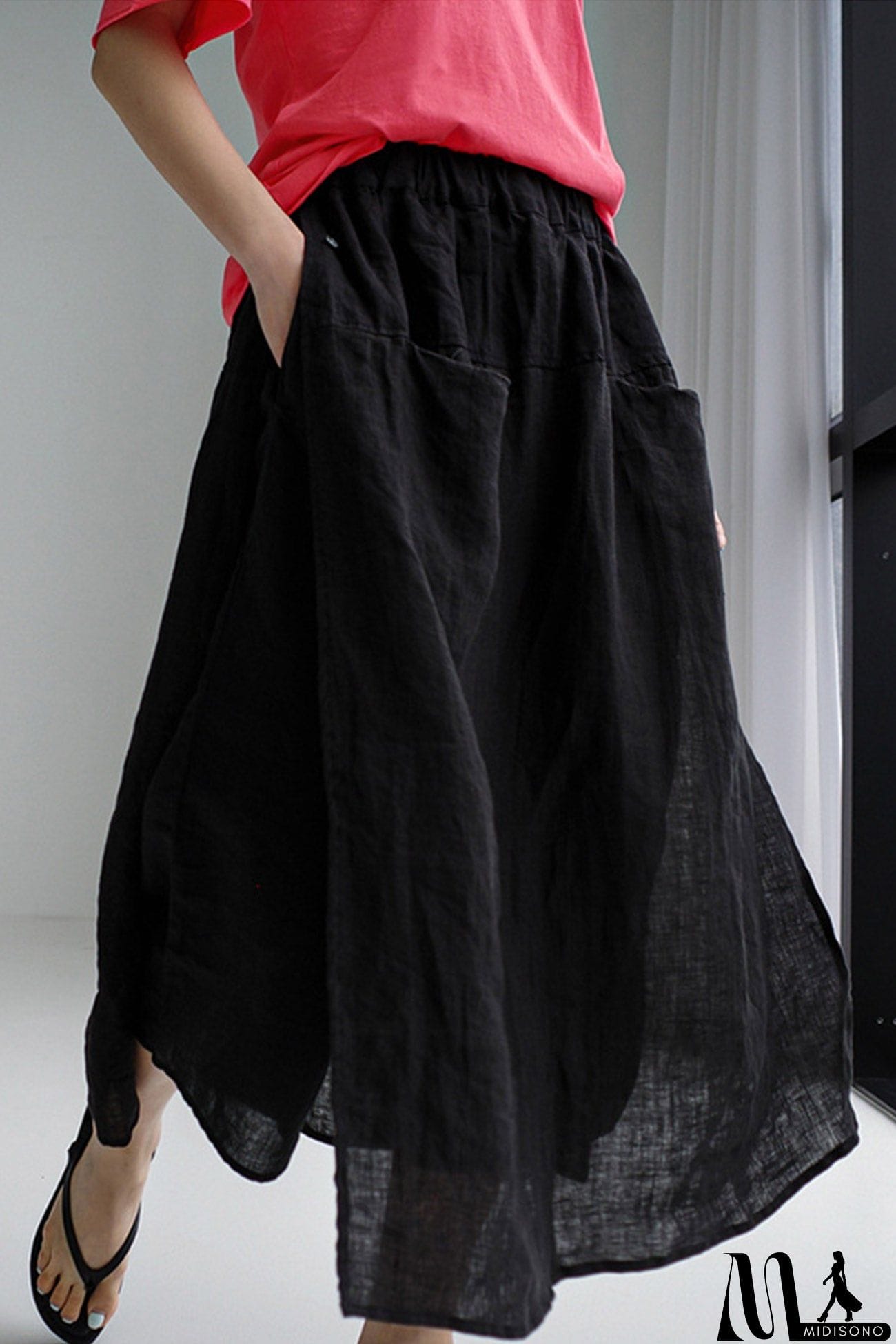 MidiSono - Linen Solid Pocketed Midi Skirt