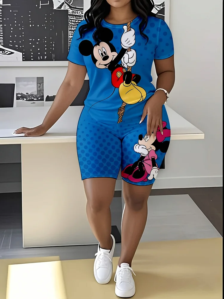 2pcs Women's Disney Mickey Mouse Summer Short Sleeve Set, Cartoon Design, 3d Printed Short Sleeve T-Shirt & Shorts Comfortable Great For Outdoors & Vacation, Loose Comfortable Sports Set