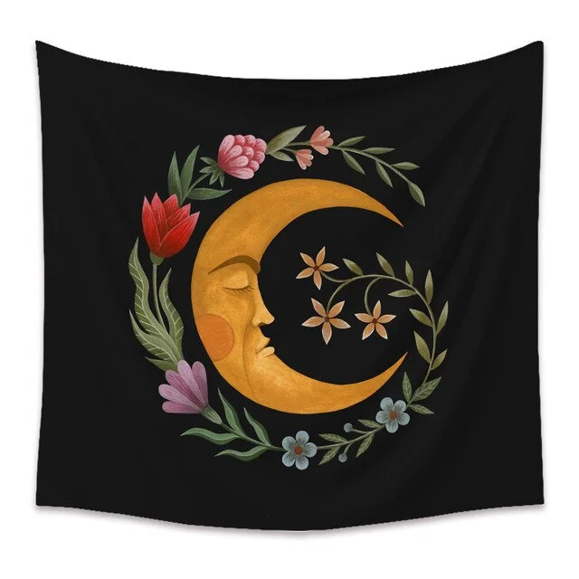Bee Butterfly Flower Plant Tapestry Wall Hanging Black Background Cloth Moon Sun Tapestry For Farmhouse Decoration tapestry