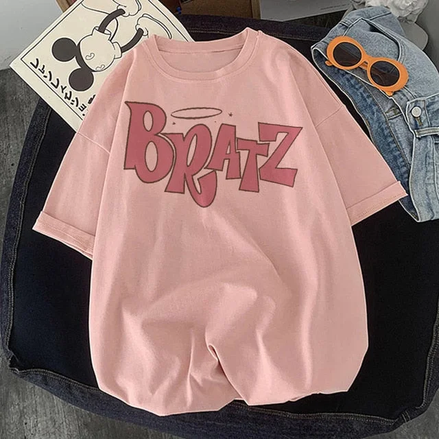 Sonicelife Summer New Bratz Letter Women T-Shirts Casual White Tops Fashion Harajuku Short Sleeve Print Y2k Graphic Streetwear T Shirt 0424