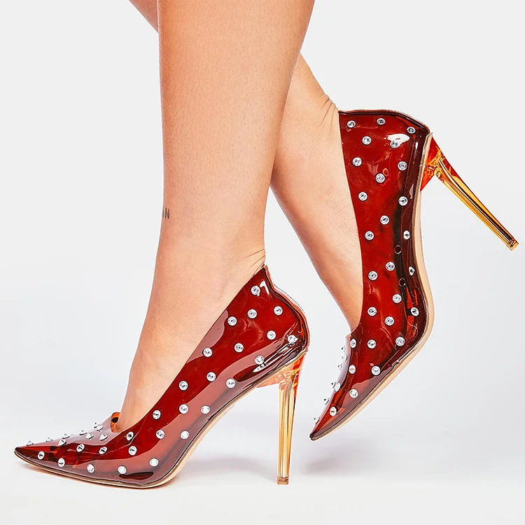 Burgundy Pointed Studs Pump Women's Transparent Shoes Stiletto Heels |FSJ Shoes